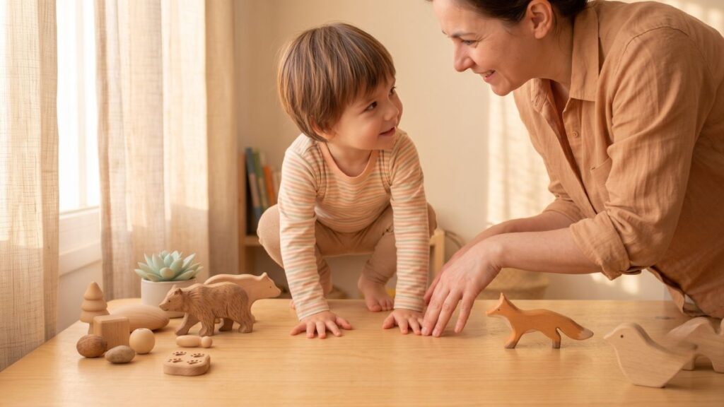 Madre e hijo sonríen y juegan juntos con animales de madera en una mesa, practicando mindfulness en familia.