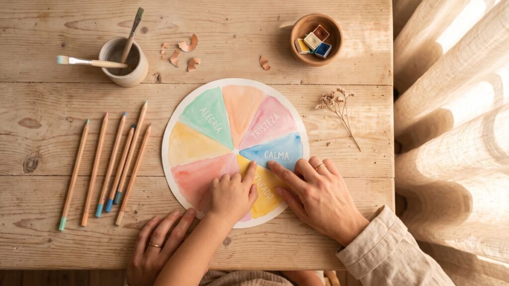 Fotografía flatlay de manos de adulto y niño señalando juntos una rueda de emociones pintada con acuarelas sobre una mesa de madera luminosa.